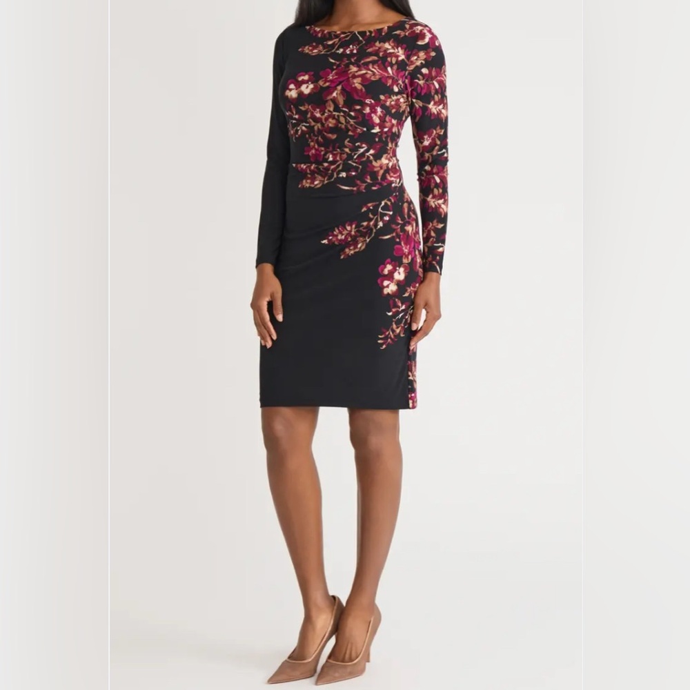 KASPER Floral Long Sleeve Side Ruched Jersey Dress size Small